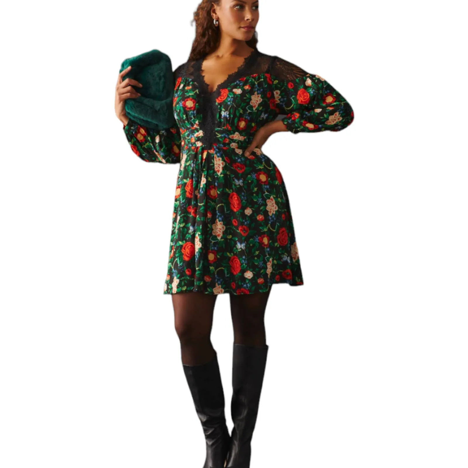 Anthropologie Lacy V Neck Floral Mini Dress Long Sleeve Size 6 New