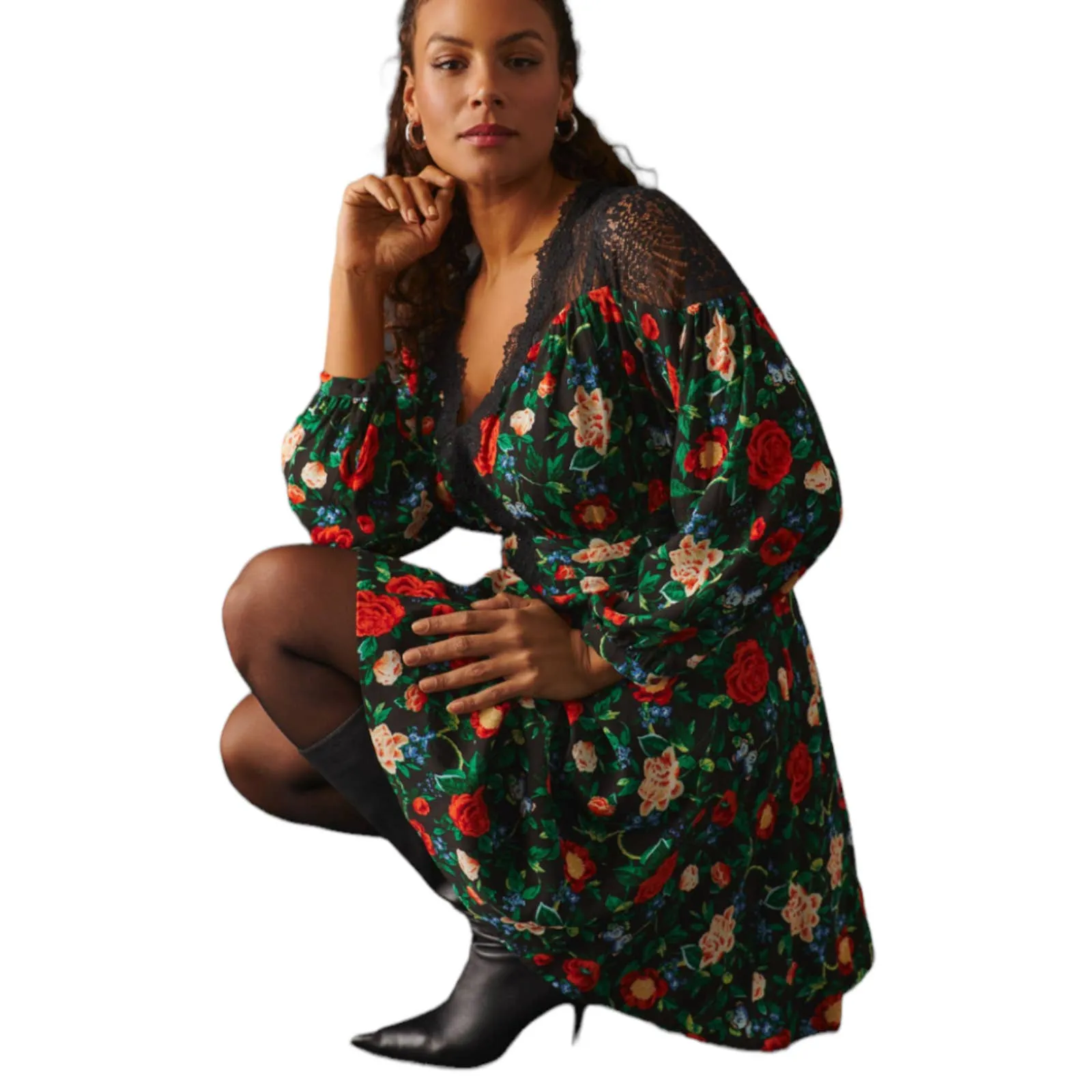 Anthropologie Lacy V Neck Floral Mini Dress Long Sleeve Size 6 New