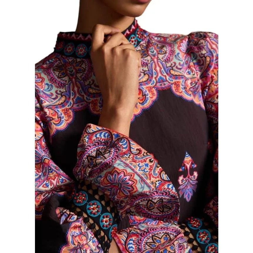 Anthropologie Tiered Mixed Print Beaded Dress Size 6 New