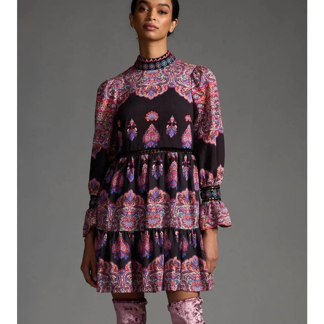 Anthropologie Tiered Mixed Print Beaded Dress Size 6 New