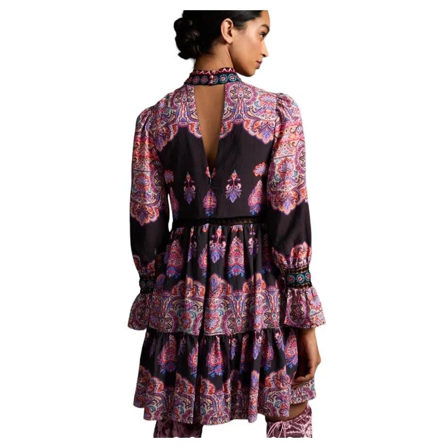 Anthropologie Tiered Mixed Print Beaded Dress Size 6 New