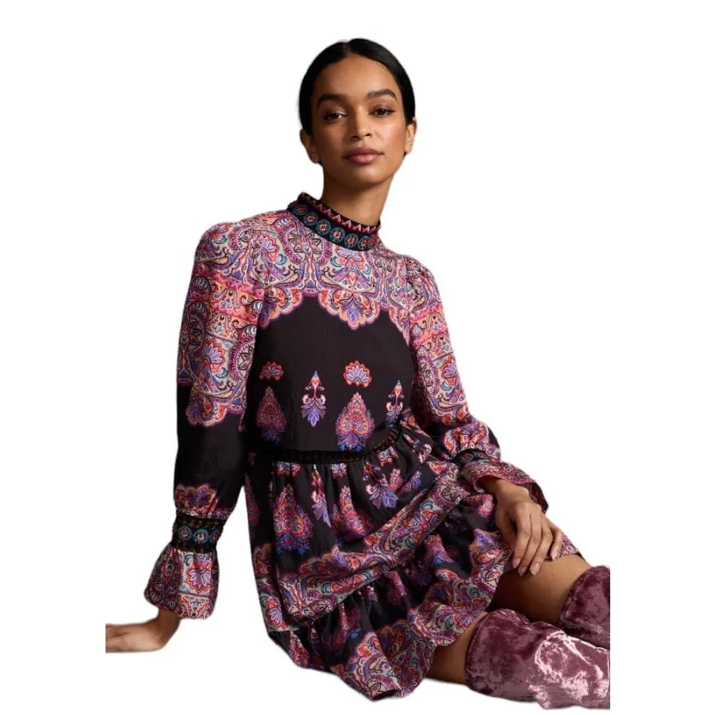 Anthropologie Tiered Mixed Print Beaded Dress Size 6 New