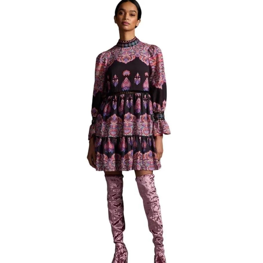 Anthropologie Tiered Mixed Print Beaded Dress Size 6 New