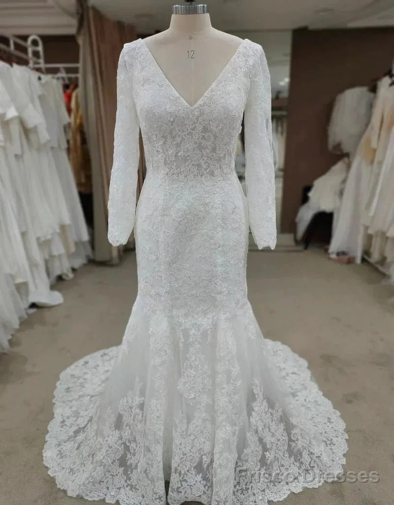 Backless Bohemian Simple V-Neck Long Sleeve Lace Wedding Dress With Train