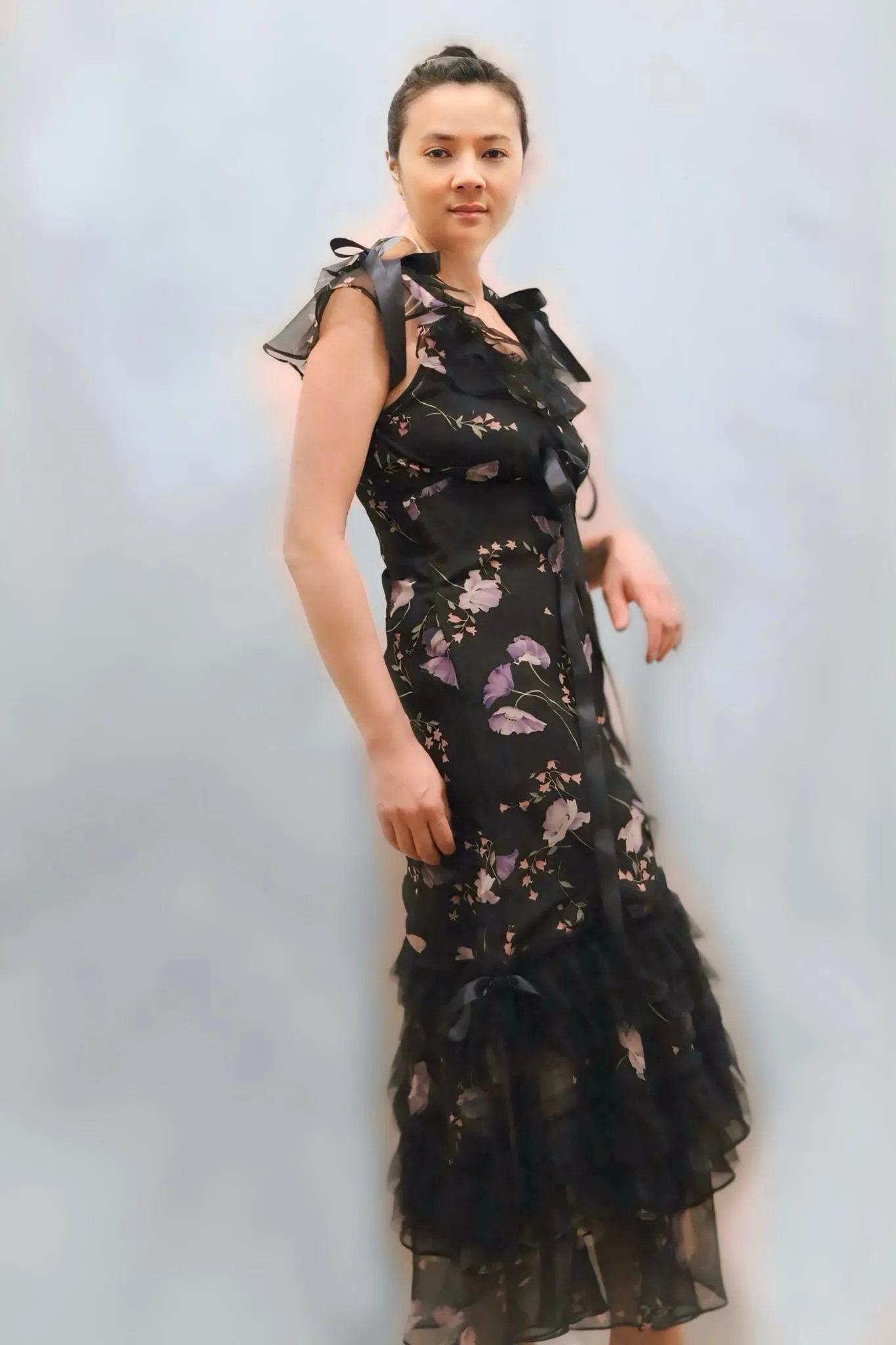 Black Floral Chiffon Dress - Karen
