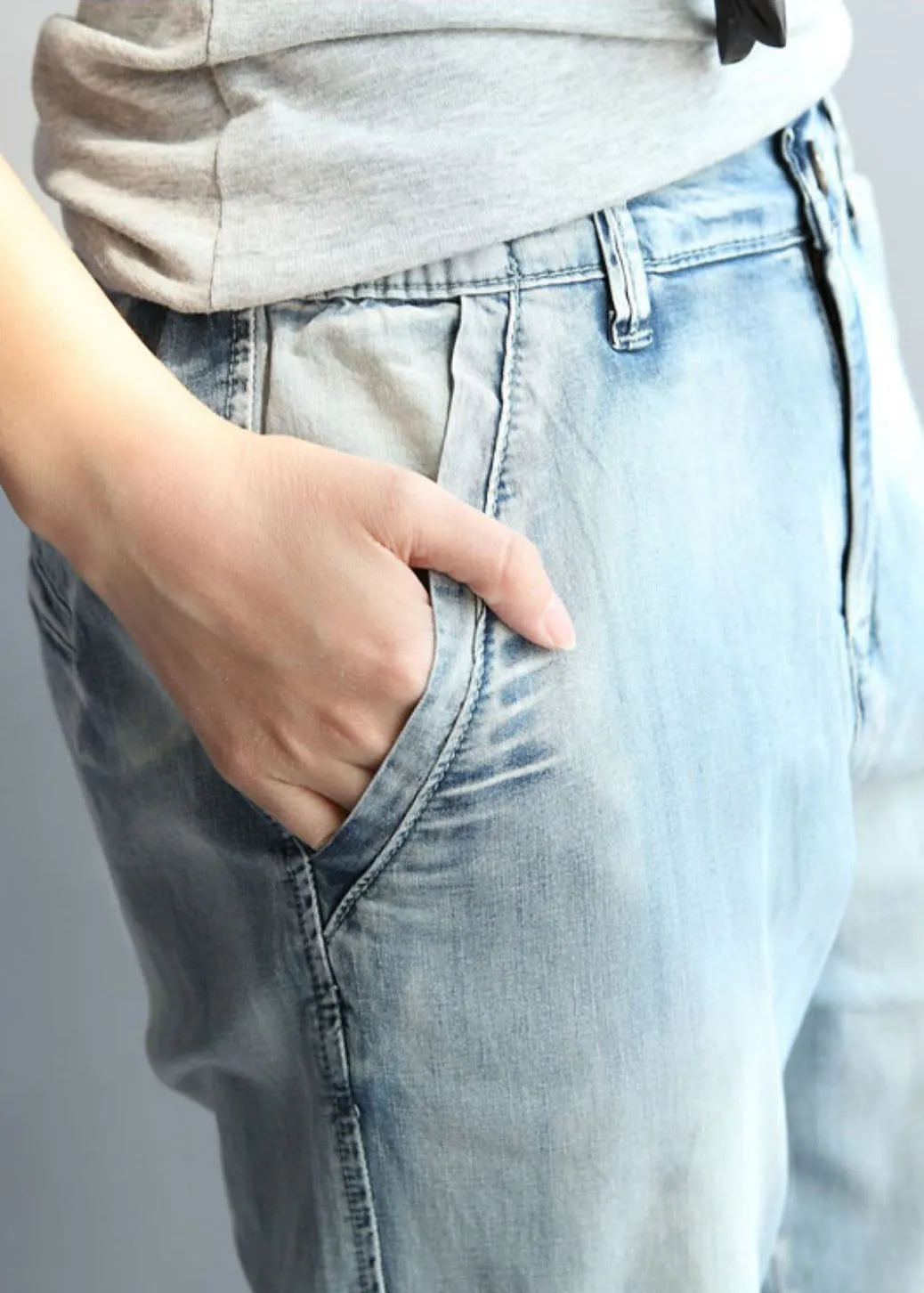 Bohemian Light Blue High Waist Cotton Denim Pants Fall