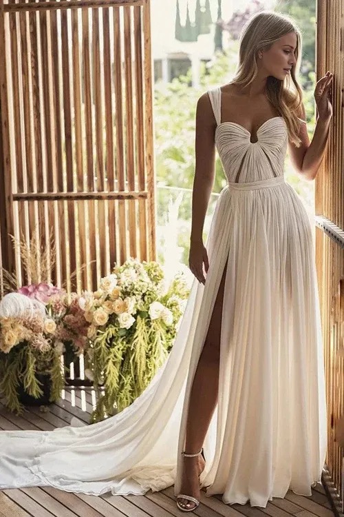 Elegant Bohemian A-Line Long Chiffon Sweetheart Wedding Dresses