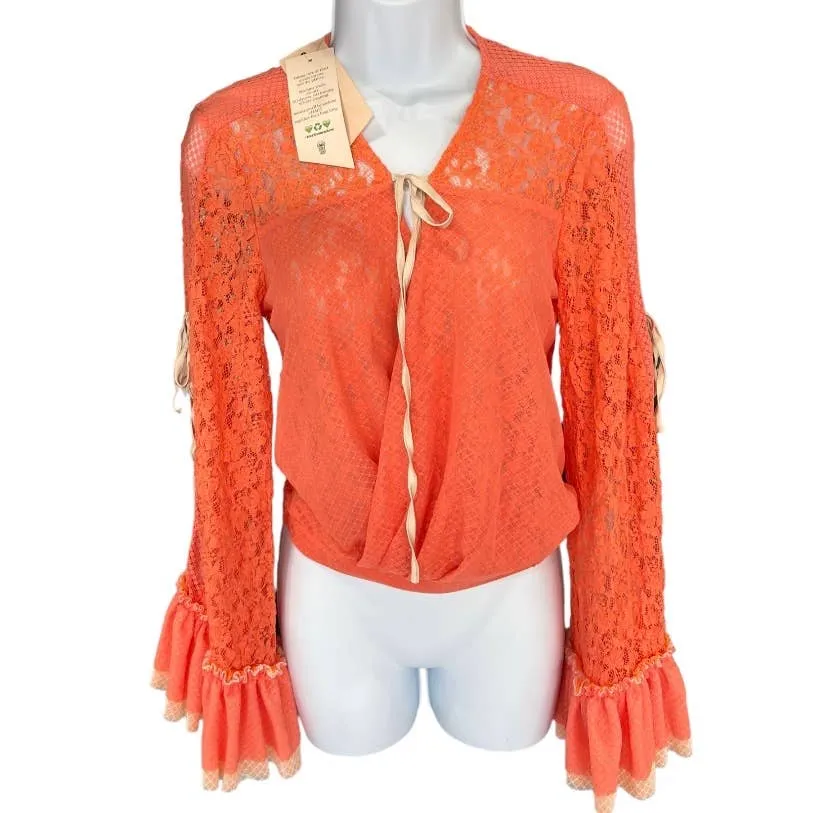 HAH Hot As Hell Kim-On-Hoe Lace Boho Top Ruffle Festival Coachella XS Orange New