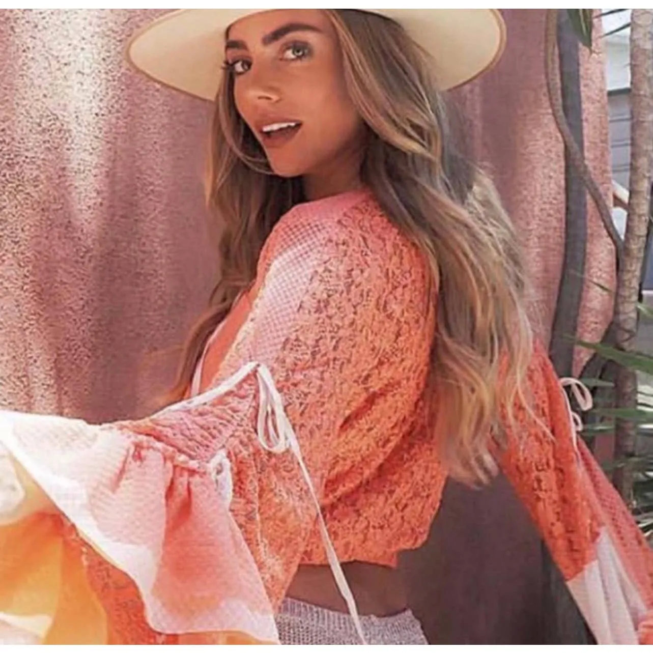 HAH Hot As Hell Kim-On-Hoe Lace Boho Top Ruffle Festival Coachella XS Orange New