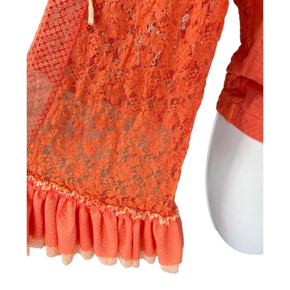 HAH Hot As Hell Kim-On-Hoe Lace Boho Top Ruffle Festival Coachella XS Orange New