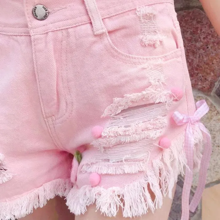 High-Waisted Denim Shorts With Distressed Look