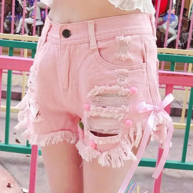 High-Waisted Denim Shorts With Distressed Look