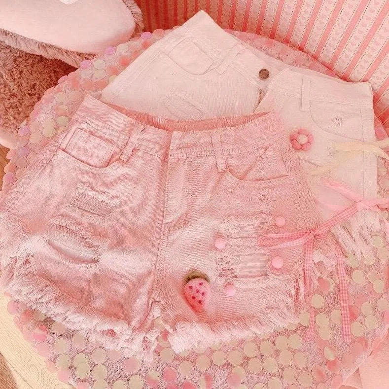 High-Waisted Denim Shorts With Distressed Look