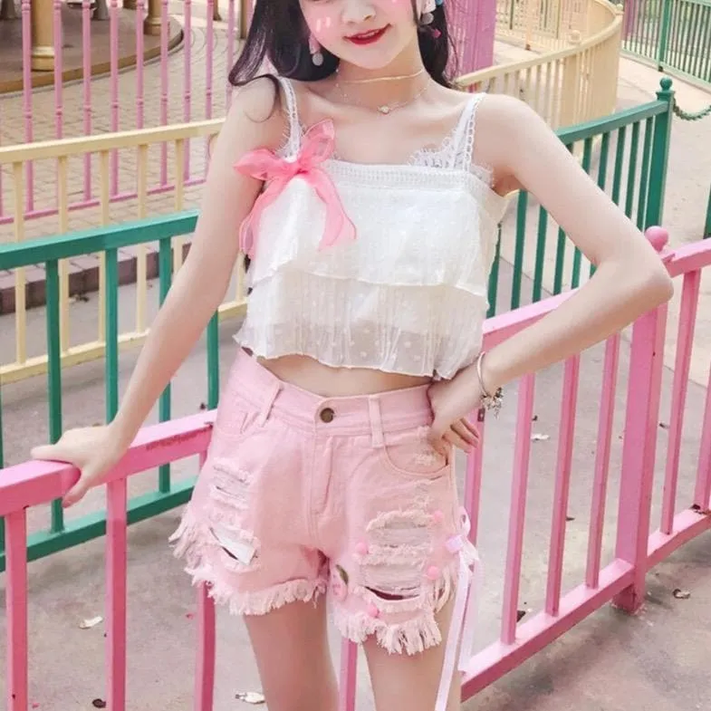 High-Waisted Denim Shorts With Distressed Look