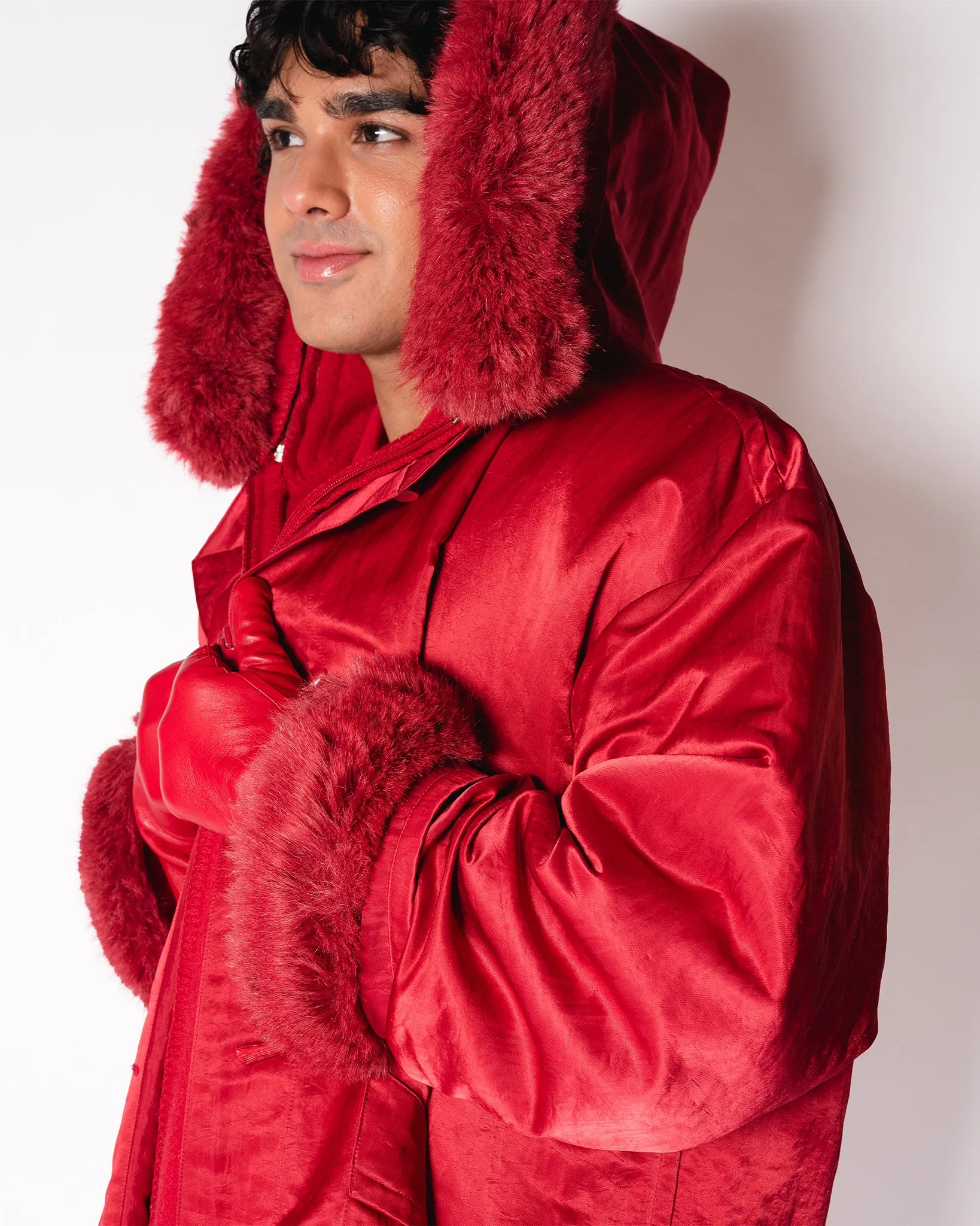 Red Wool. LA Parka with Satin overcaot and removable faux fur trim