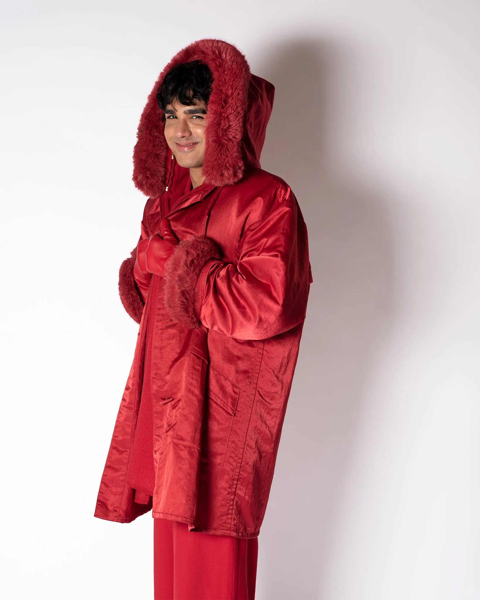 Red Wool. LA Parka with Satin overcaot and removable faux fur trim