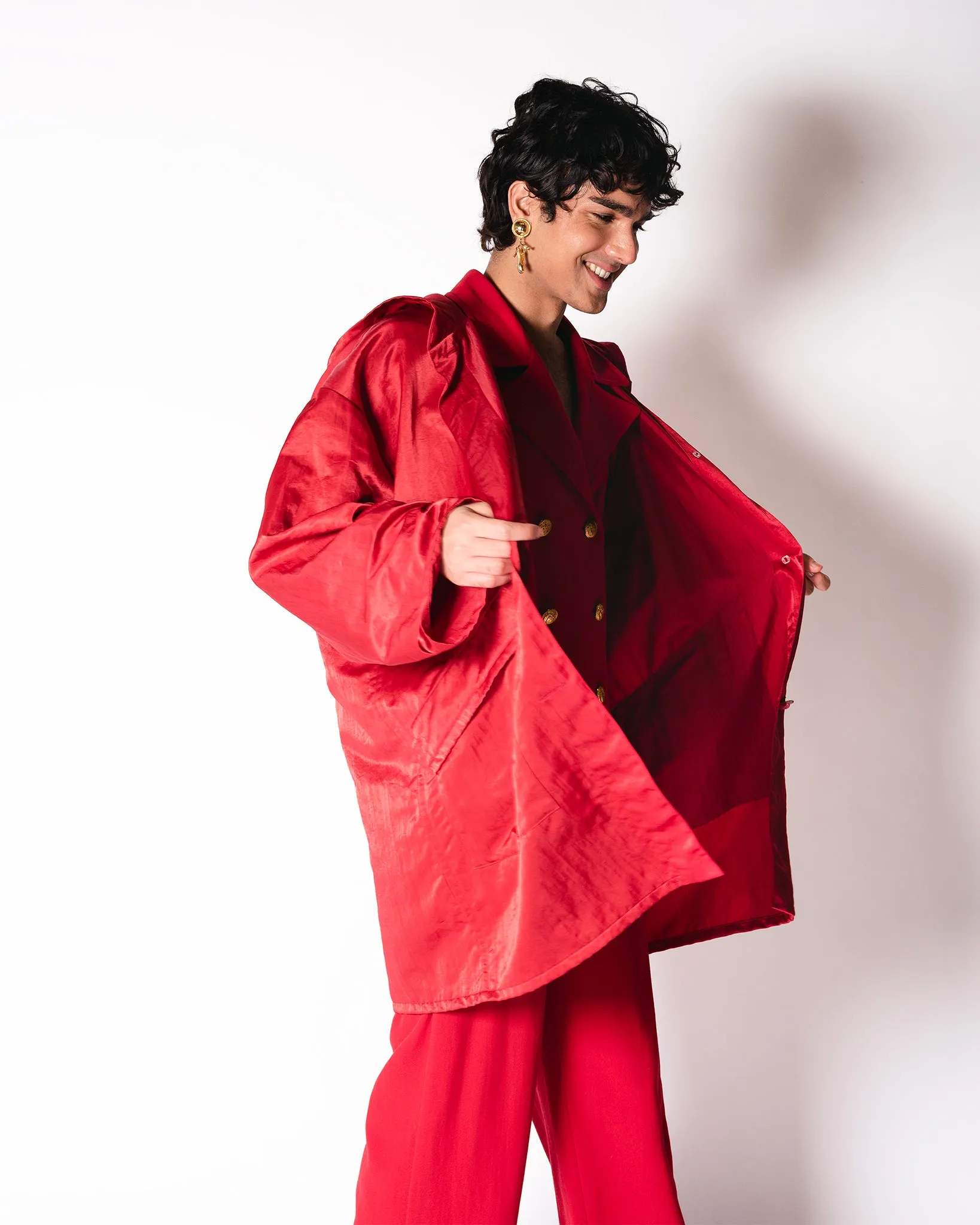 Red Wool. LA Parka with Satin overcaot and removable faux fur trim