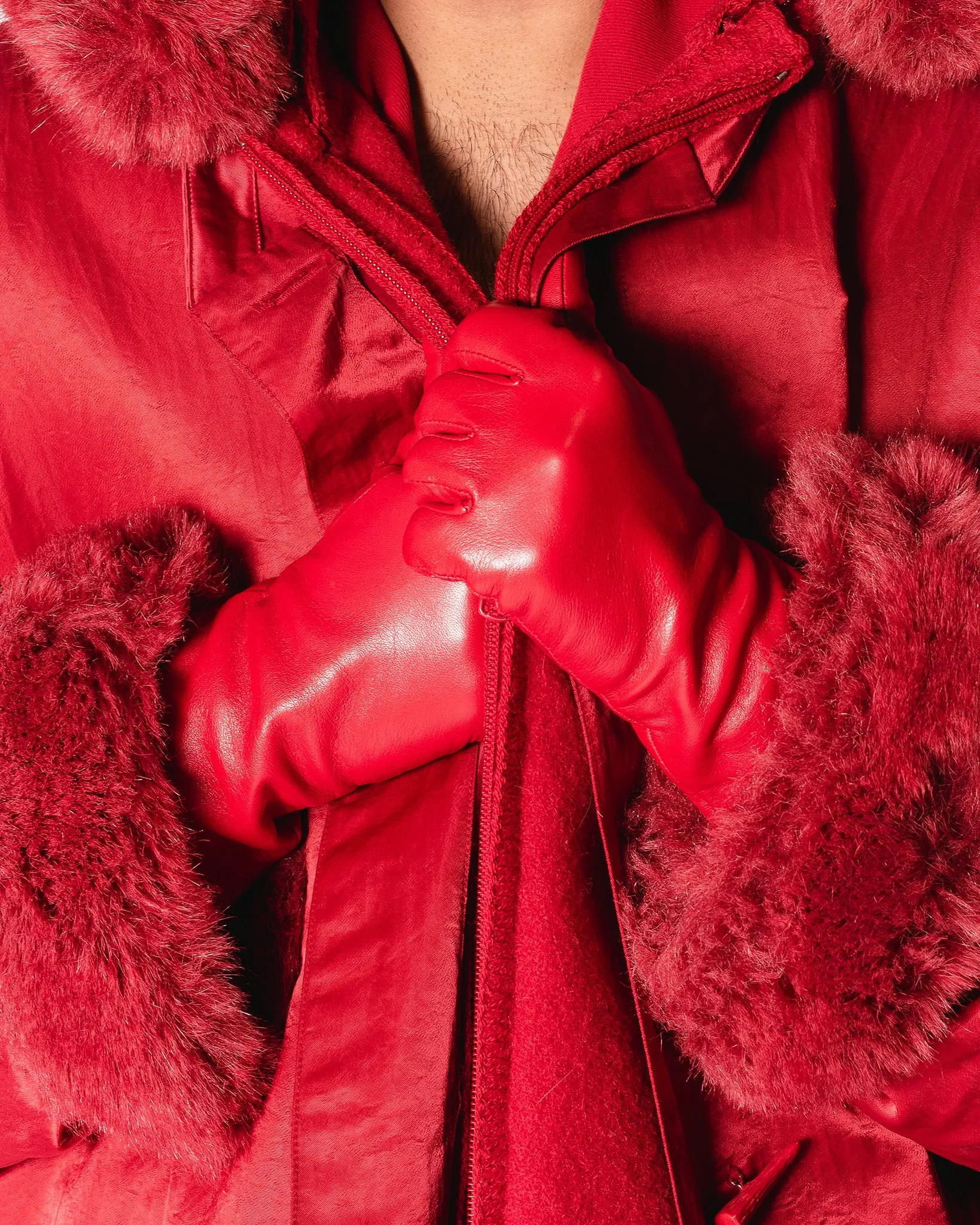 Red Wool. LA Parka with Satin overcaot and removable faux fur trim