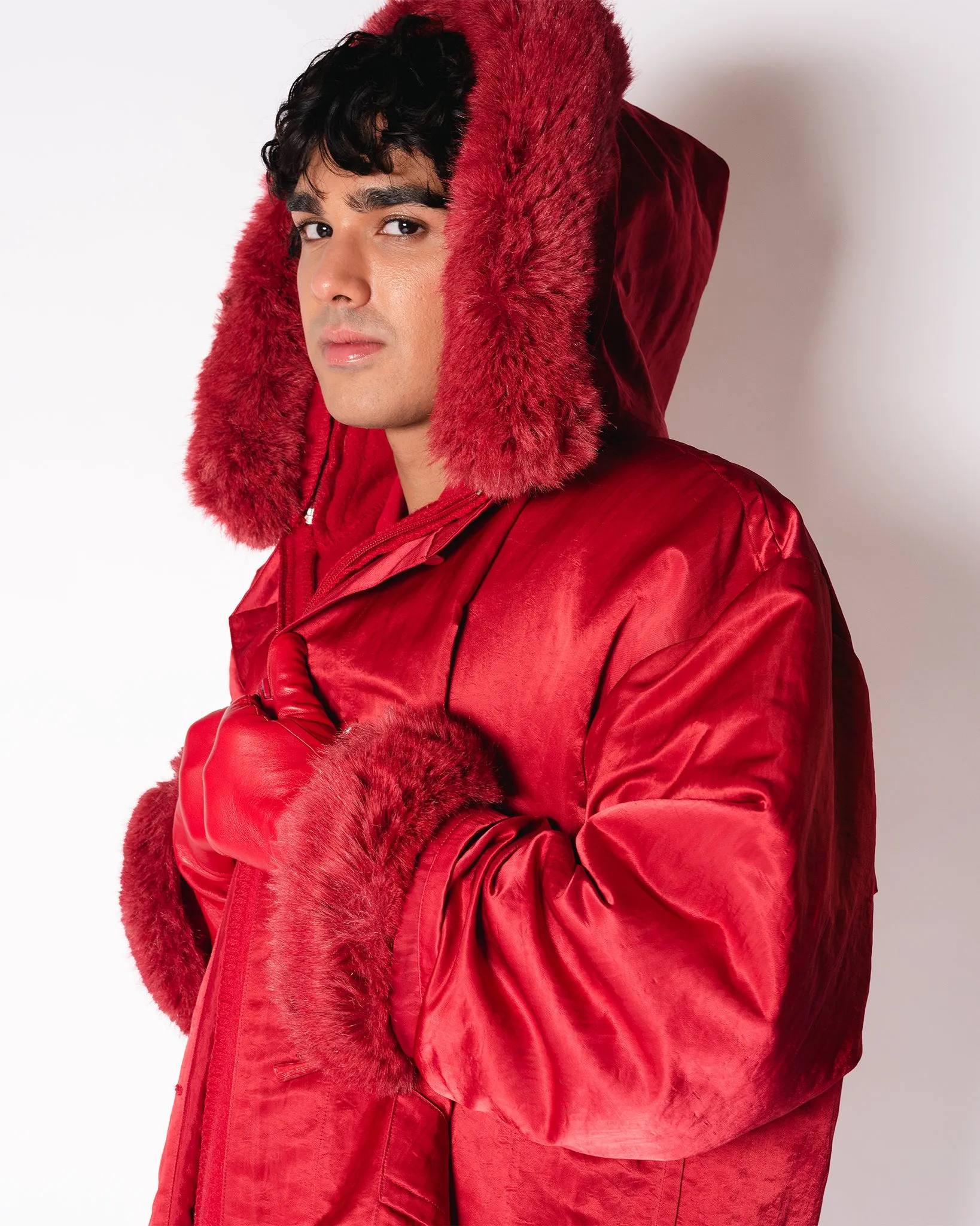Red Wool. LA Parka with Satin overcaot and removable faux fur trim