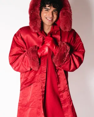 Red Wool. LA Parka with Satin overcaot and removable faux fur trim
