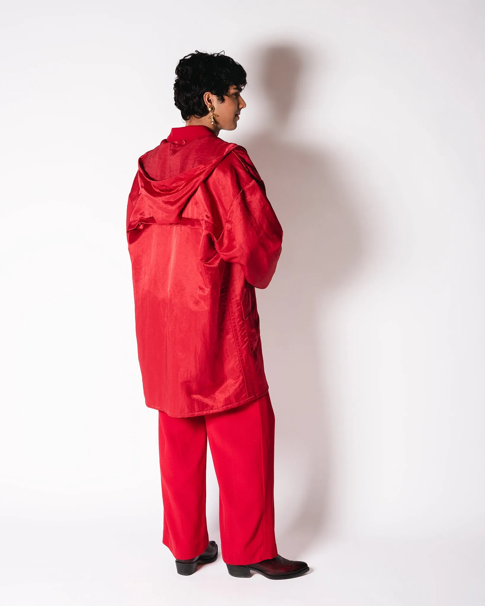 Red Wool. LA Parka with Satin overcaot and removable faux fur trim