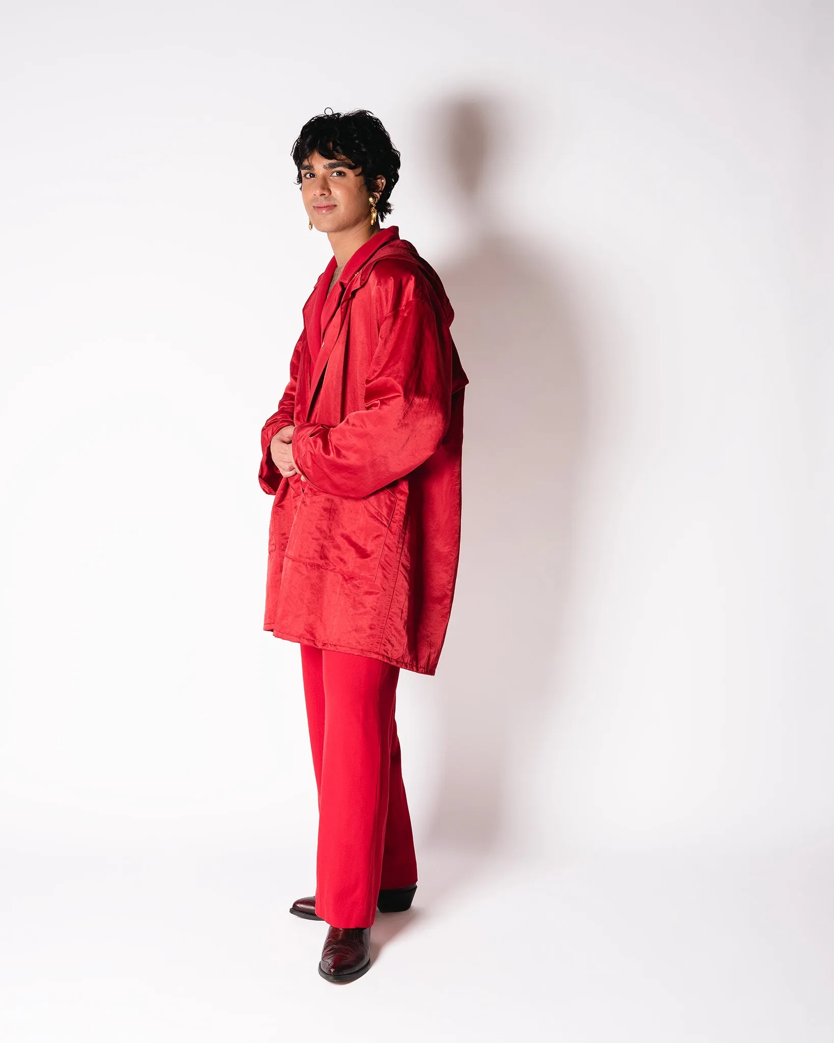 Red Wool. LA Parka with Satin overcaot and removable faux fur trim