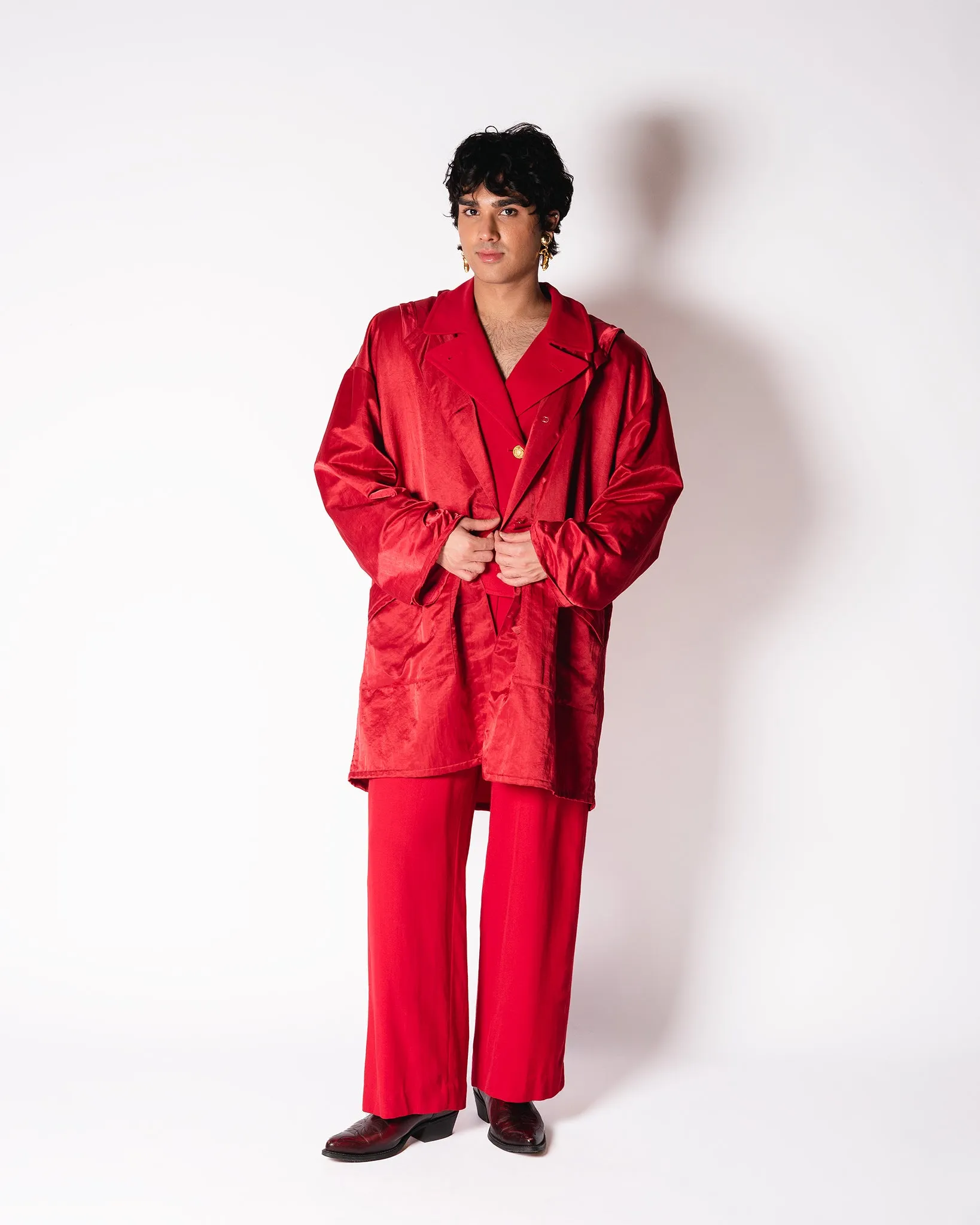 Red Wool. LA Parka with Satin overcaot and removable faux fur trim