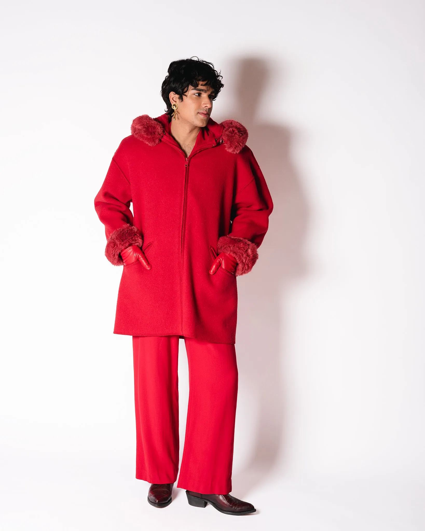 Red Wool. LA Parka with Satin overcaot and removable faux fur trim