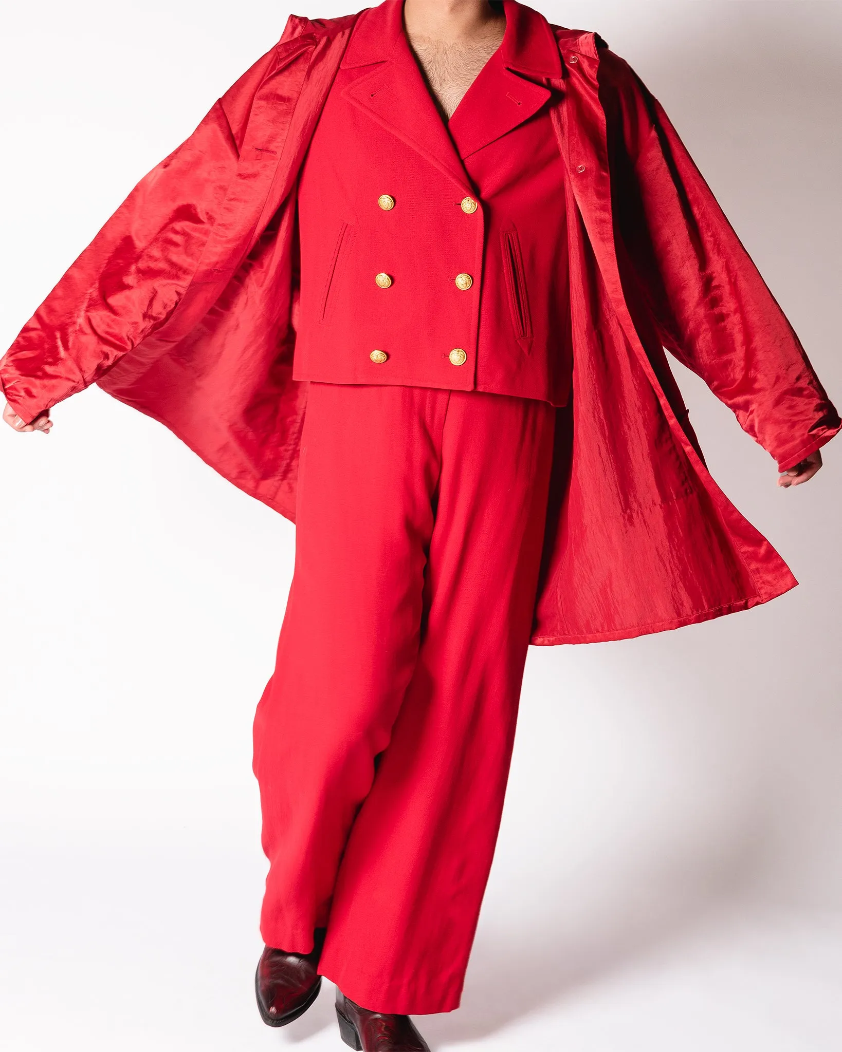 Red Wool. LA Parka with Satin overcaot and removable faux fur trim