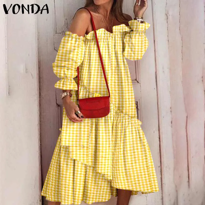 Ruffle Dress VONDA Holiday Sundress Long Sleeve Midi Irregular Hem Dress Bohemian Robe Femme Vestido S3782963