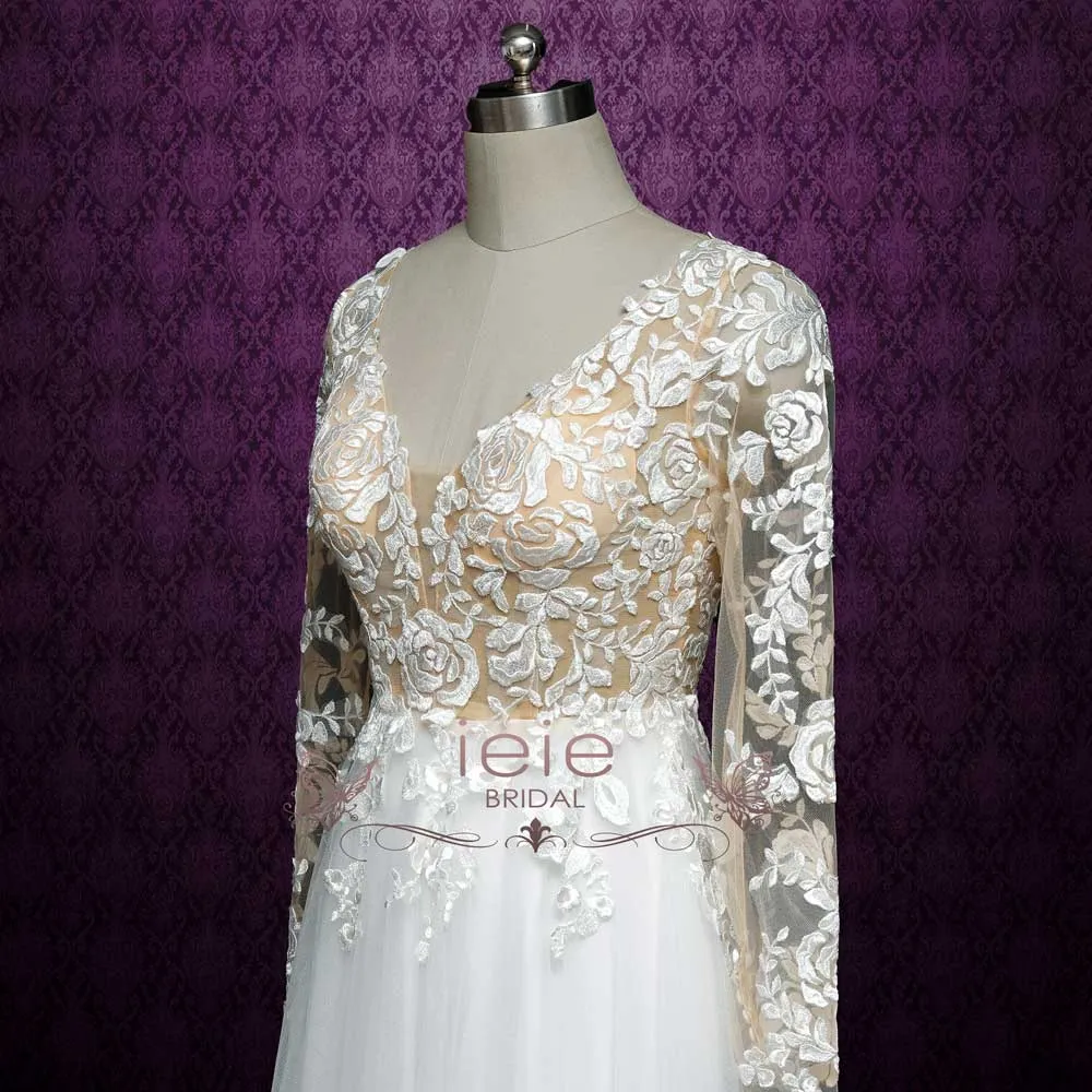 Vintage Rose Lace Wedding Dress with Plunging V Neck and Illusion Back MONROE