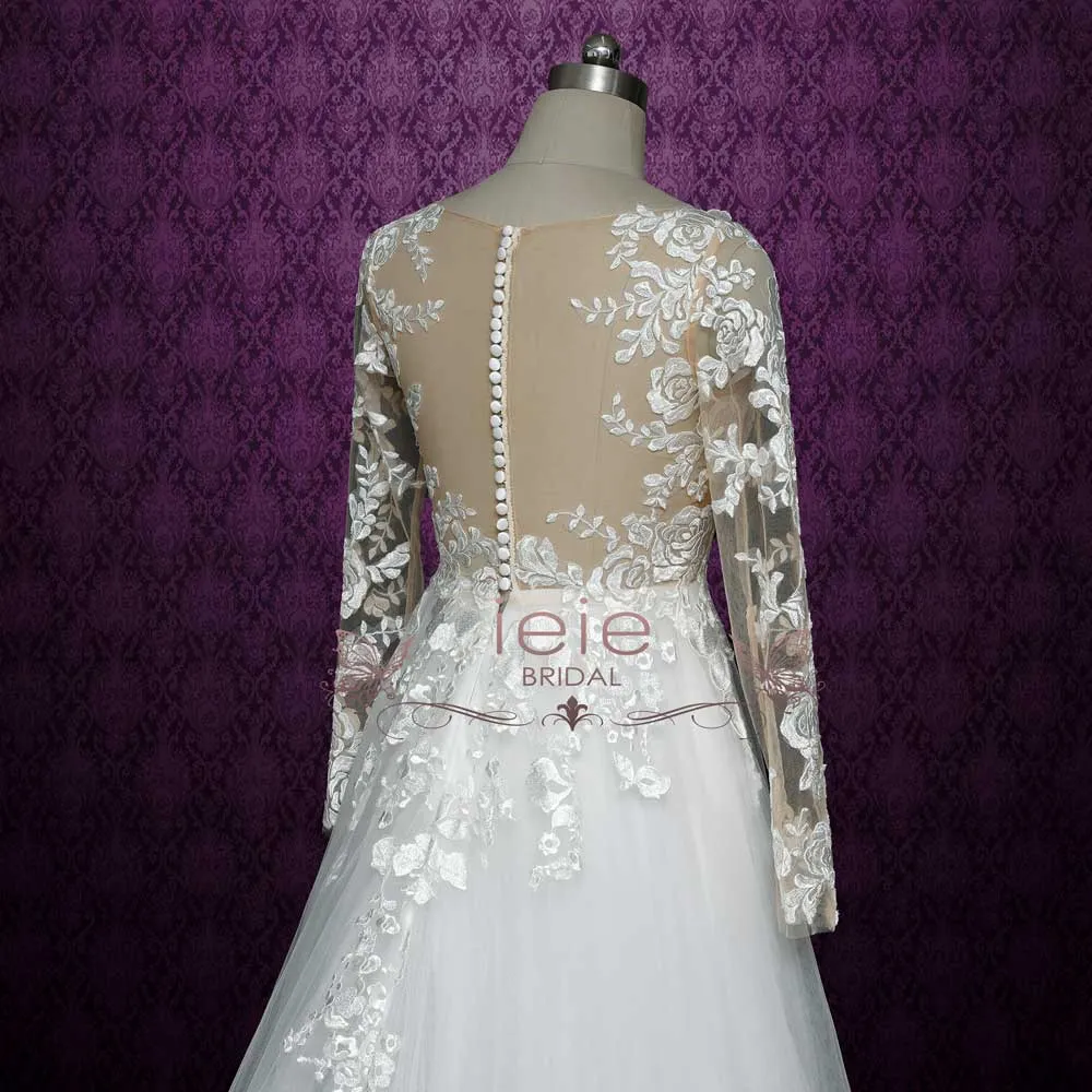 Vintage Rose Lace Wedding Dress with Plunging V Neck and Illusion Back MONROE