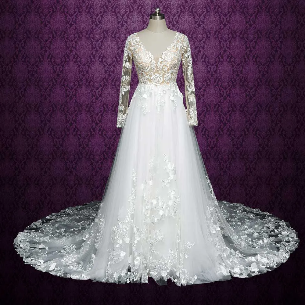 Vintage Rose Lace Wedding Dress with Plunging V Neck and Illusion Back MONROE