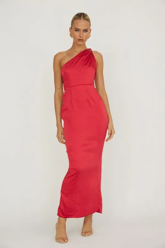 Waitlist 12/9 ♥ Isadora Sleeveless One Shoulder Satin Maxi Dress Red